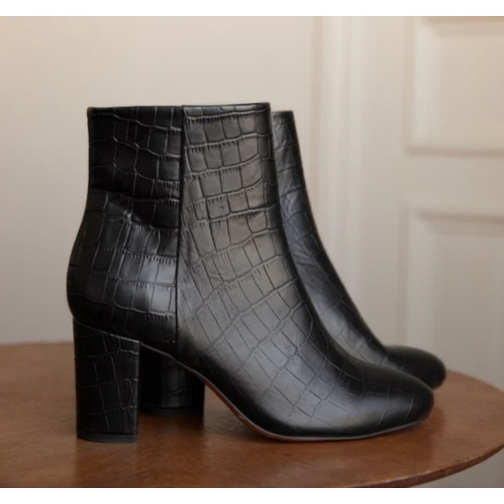 Sezane Lea Black Leather Croc‎ Embossed Ankle Boots Block Heel Size 37